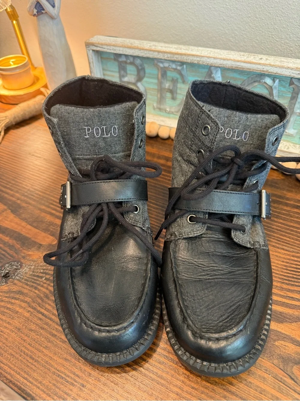 Polo Ralph Lauren Ranger Mid Boots Black Leather Canvas Boys 7 EU 40 Grunge Prep